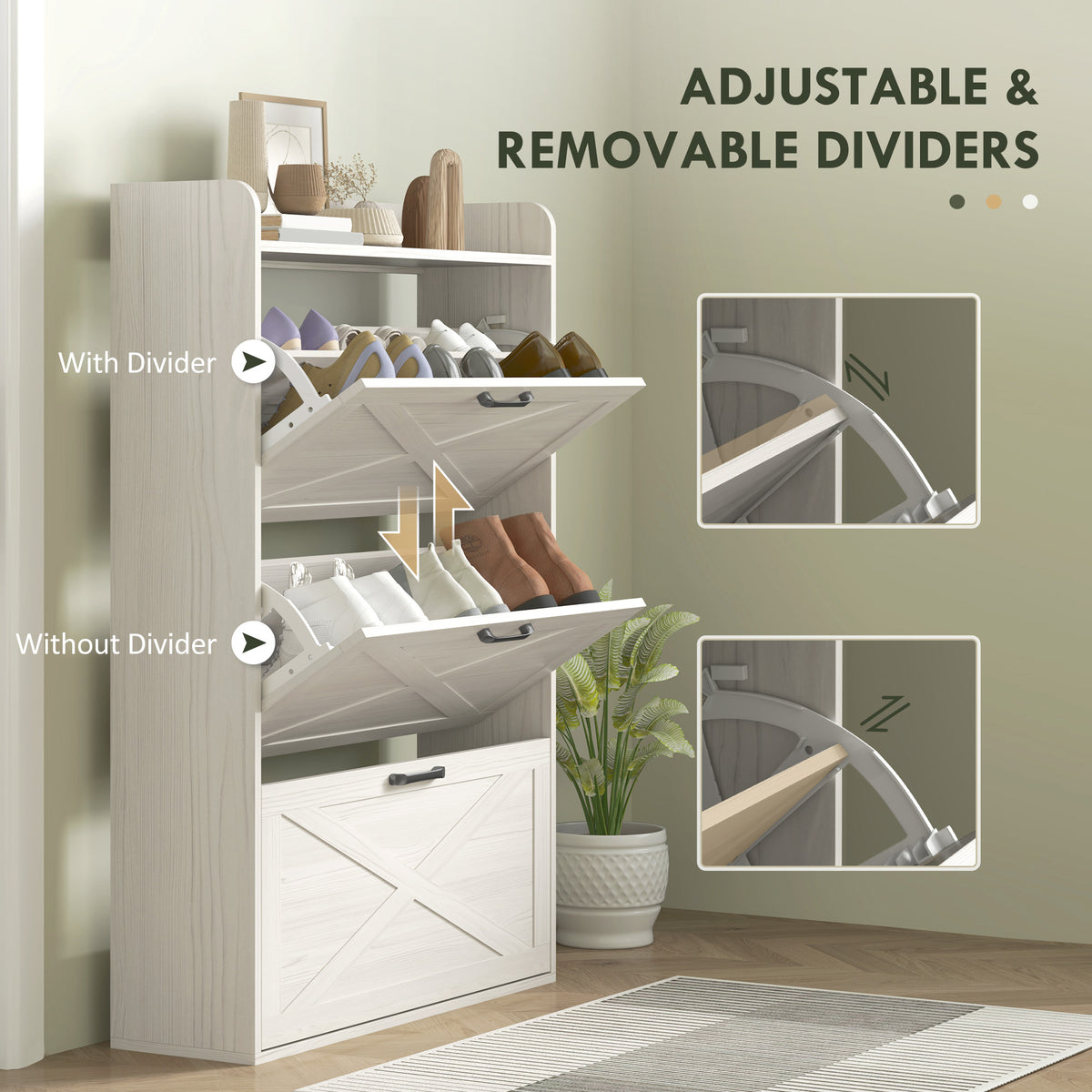 Narrow Shoe Storage Cabinet Farmhouse Shoe Cabinet with 3 Flip Drawers Adjustable Shelves for Entryway White Oak