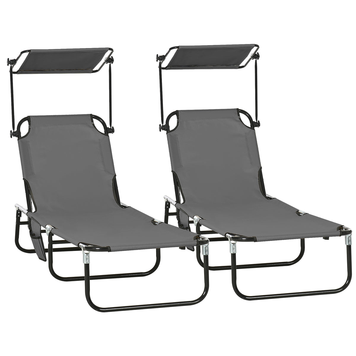 2 Piece Folding Outdoor Chaise Lounges, Pool Tanning Chairs with Reclining Back, Sunshade for Beach, Patio