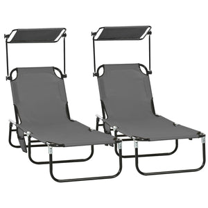 2 Piece Folding Outdoor Chaise Lounges, Pool Tanning Chairs with Reclining Back, Sunshade for Beach, Patio