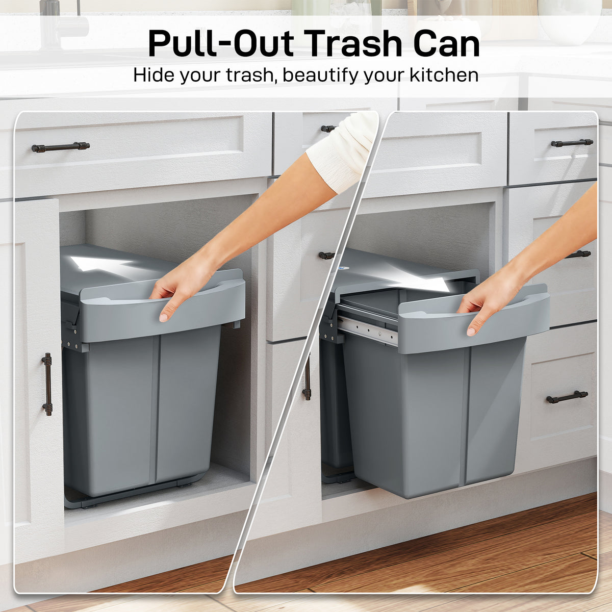 Pull Out Trash Can Under Cabinet, 10.6 Gallon (40L) Slide Out Garbage Can with 2 Removable Compartments, Grey