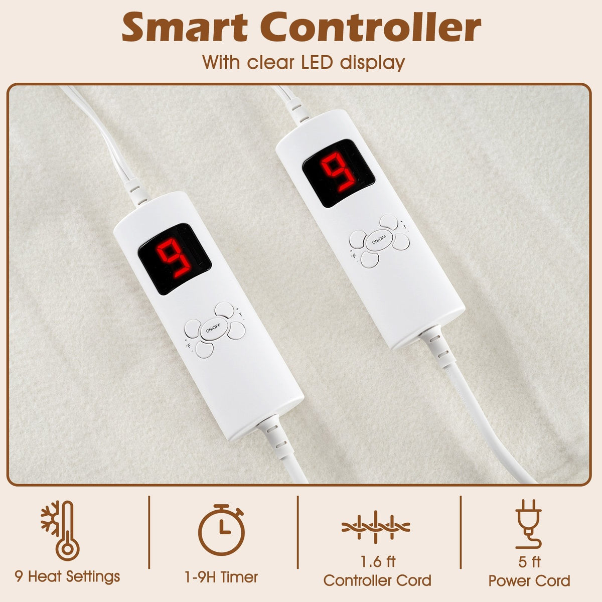 Machine Washable Electric Bed Warmer with Dual Controller 9 Heat Setting and 9-Hour Auto Off and Overheat Protection-Queen Size view 5