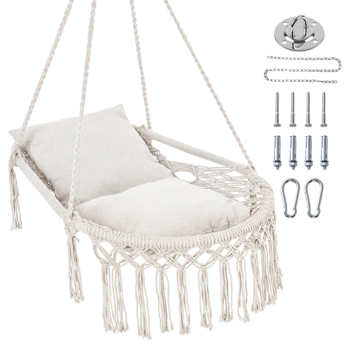 Macrame Swing Chair Hammock Chair with 2 Removable Cushions-Beige
