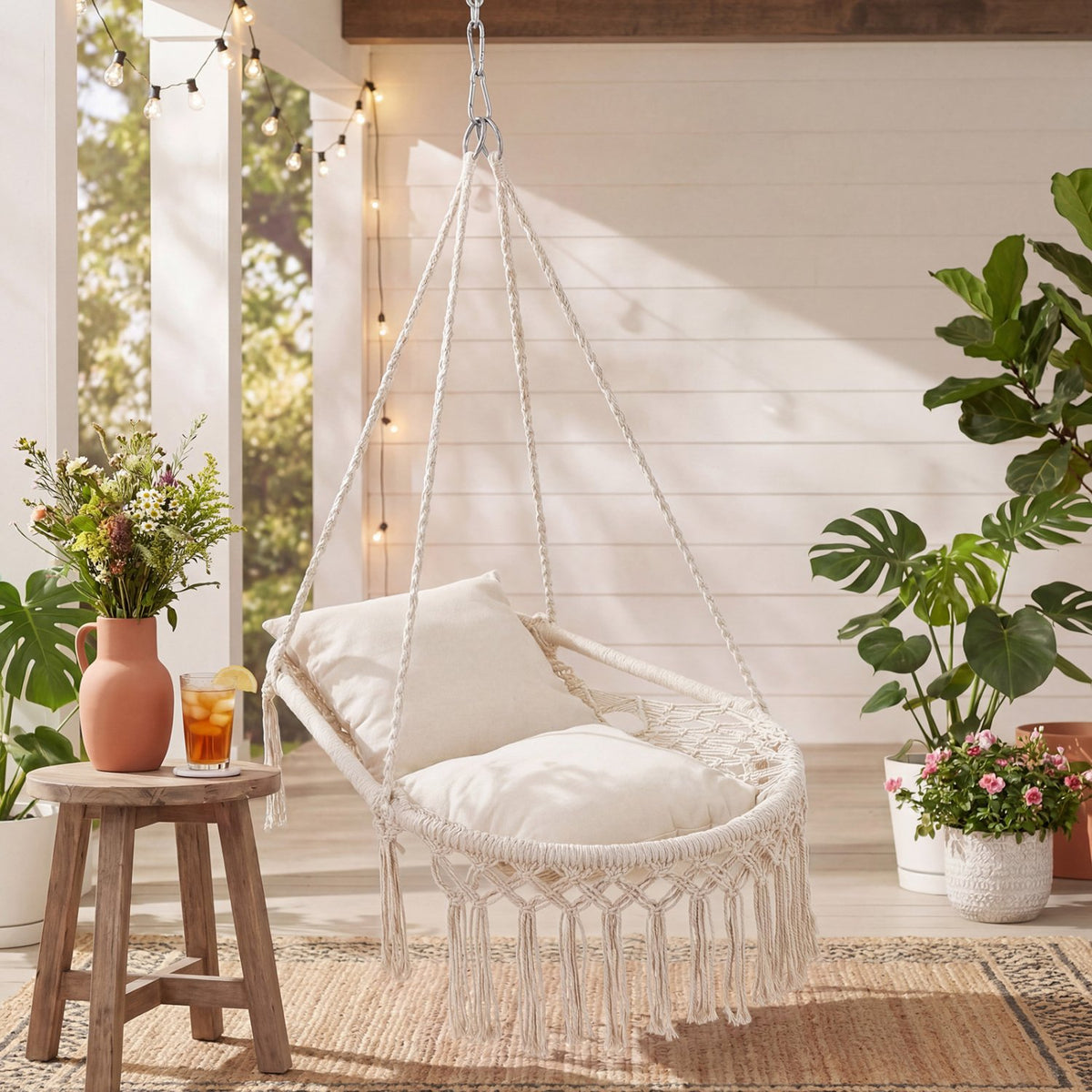 Macrame Swing Chair Hammock Chair with 2 Removable Cushions-Beige view 2