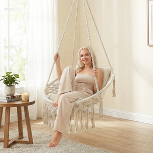 Macrame Swing Chair Hammock Chair with 2 Removable Cushions-Beige view 3