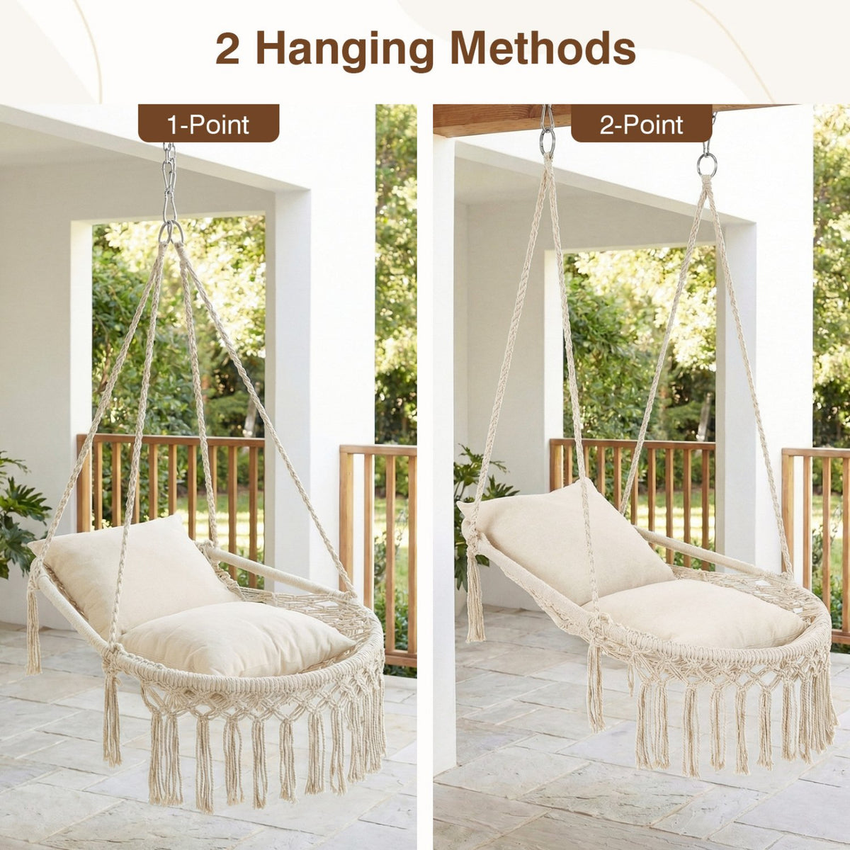 Macrame Swing Chair Hammock Chair with 2 Removable Cushions-Beige view 6