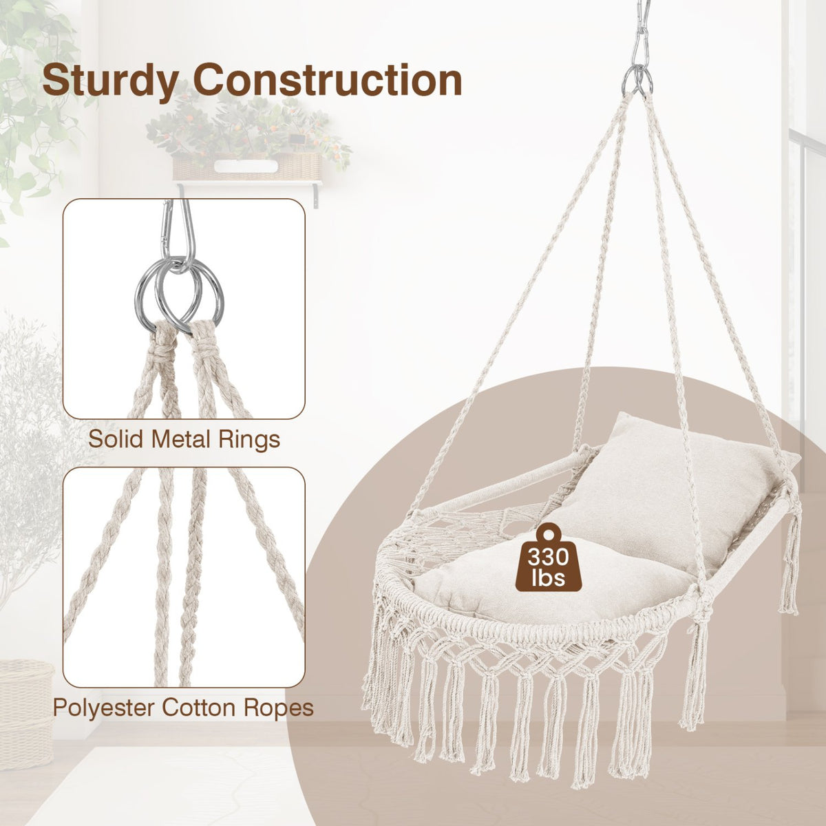 Macrame Swing Chair Hammock Chair with 2 Removable Cushions-Beige view 7