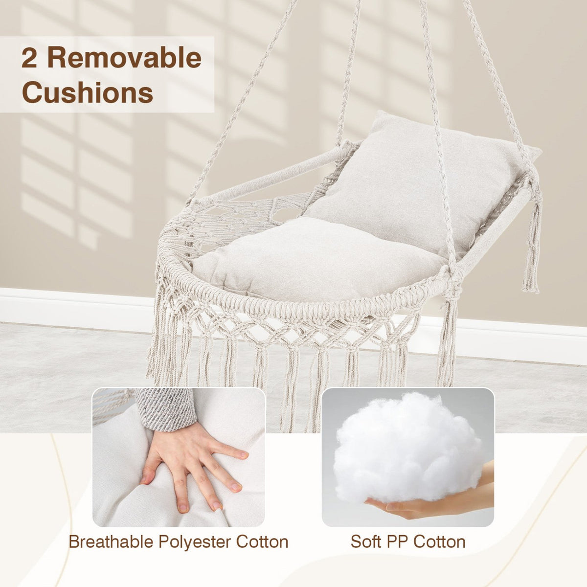 Macrame Swing Chair Hammock Chair with 2 Removable Cushions-Beige view 8