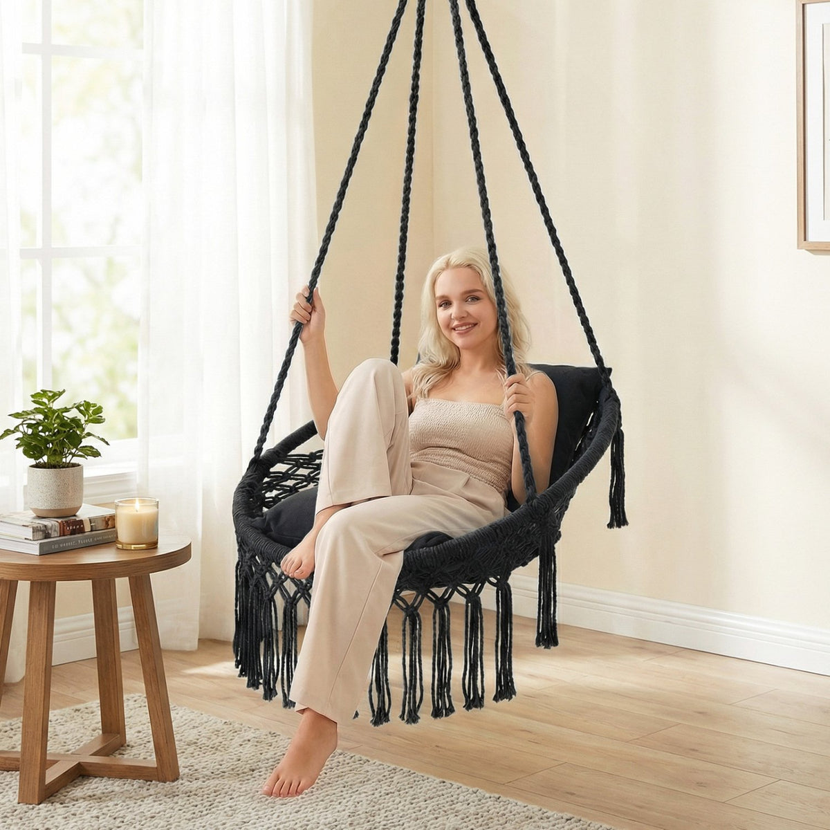 Macrame Swing Chair Hammock Chair with 2 Removable Cushions-Black view 2