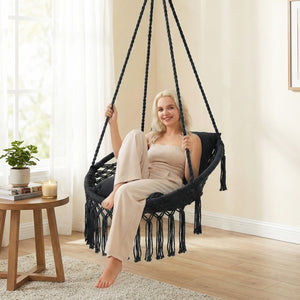 Macrame Swing Chair Hammock Chair with 2 Removable Cushions-Black view 2
