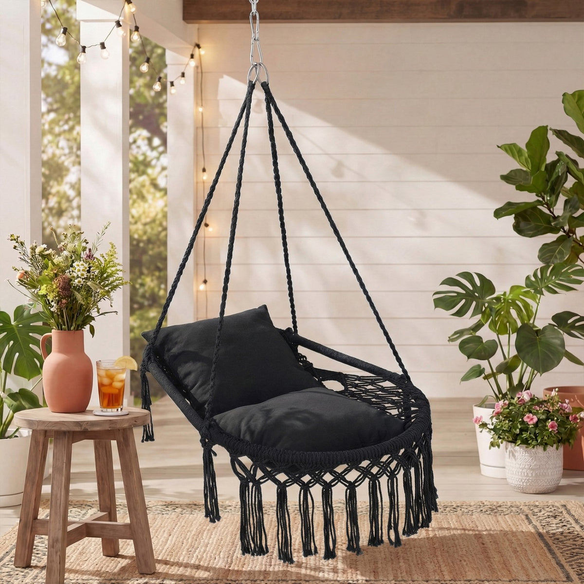 Macrame Swing Chair Hammock Chair with 2 Removable Cushions-Black view 3