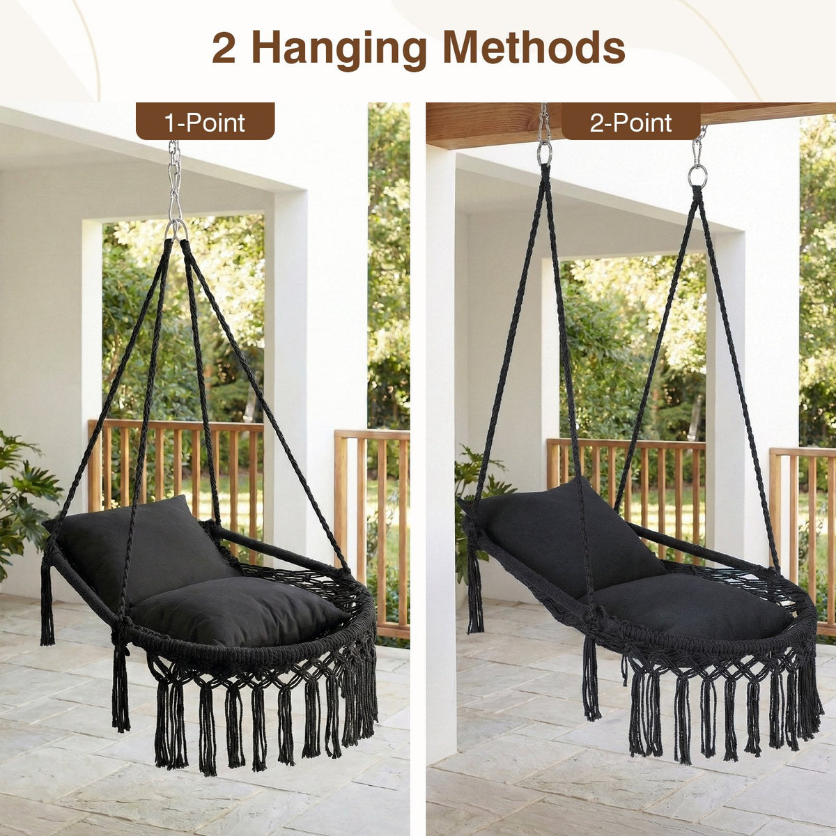 Macrame Swing Chair Hammock Chair with 2 Removable Cushions-Black view 6