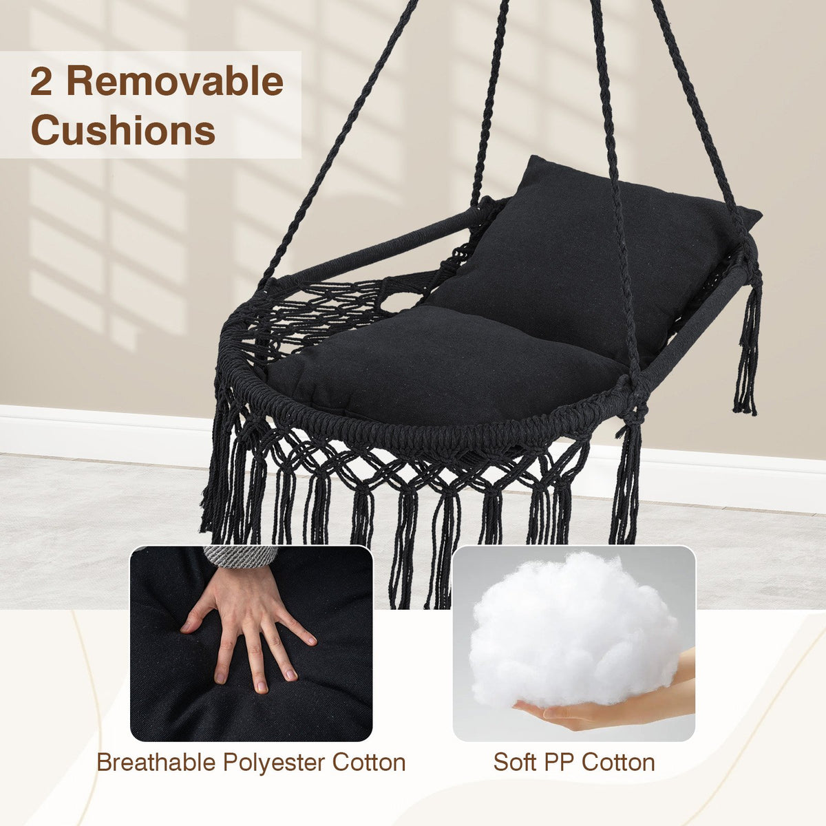 Macrame Swing Chair Hammock Chair with 2 Removable Cushions-Black view 8