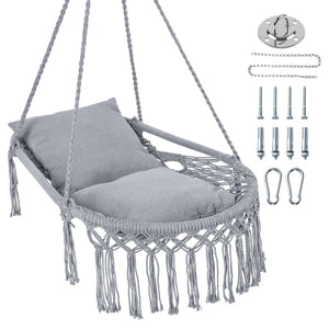 Macrame Swing Chair Hammock Chair with 2 Removable Cushions-Grey
