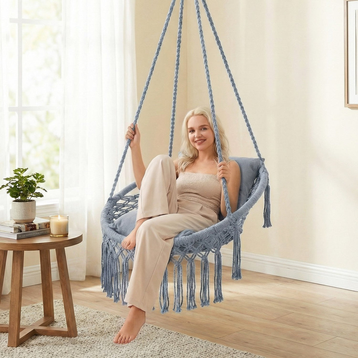 Macrame Swing Chair Hammock Chair with 2 Removable Cushions-Grey view 2