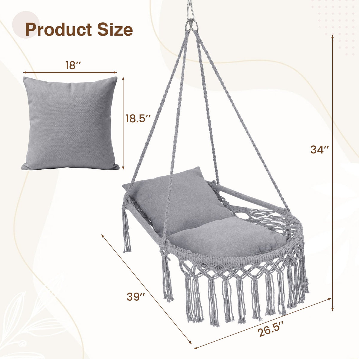 Macrame Swing Chair Hammock Chair with 2 Removable Cushions-Grey view 5