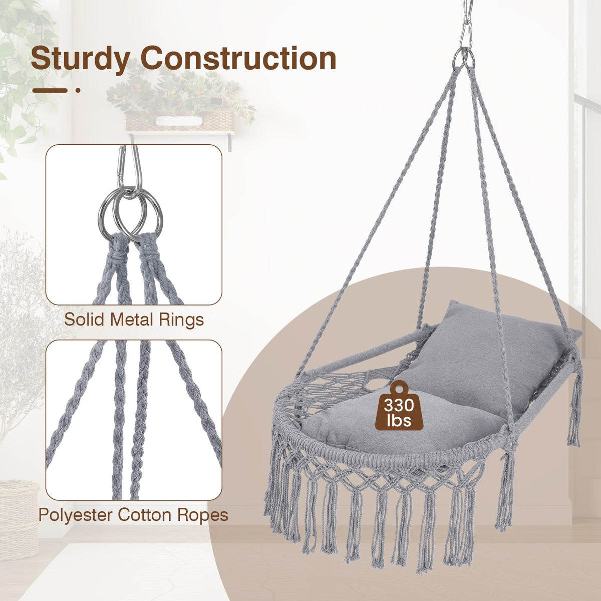 Macrame Swing Chair Hammock Chair with 2 Removable Cushions-Grey view 7