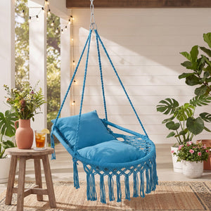 Macrame Swing Chair Hammock Chair with 2 Removable Cushions-Navy view 2