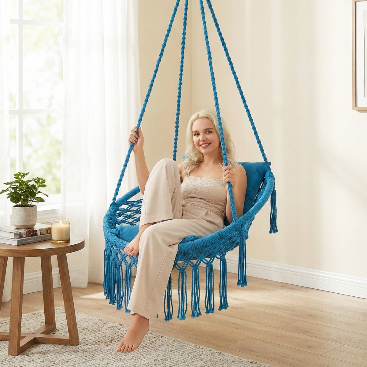 Macrame Swing Chair Hammock Chair with 2 Removable Cushions-Navy view 3