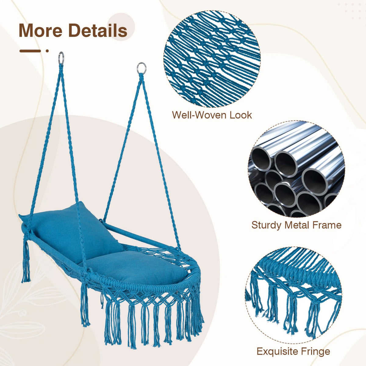 Macrame Swing Chair Hammock Chair with 2 Removable Cushions-Navy view 9