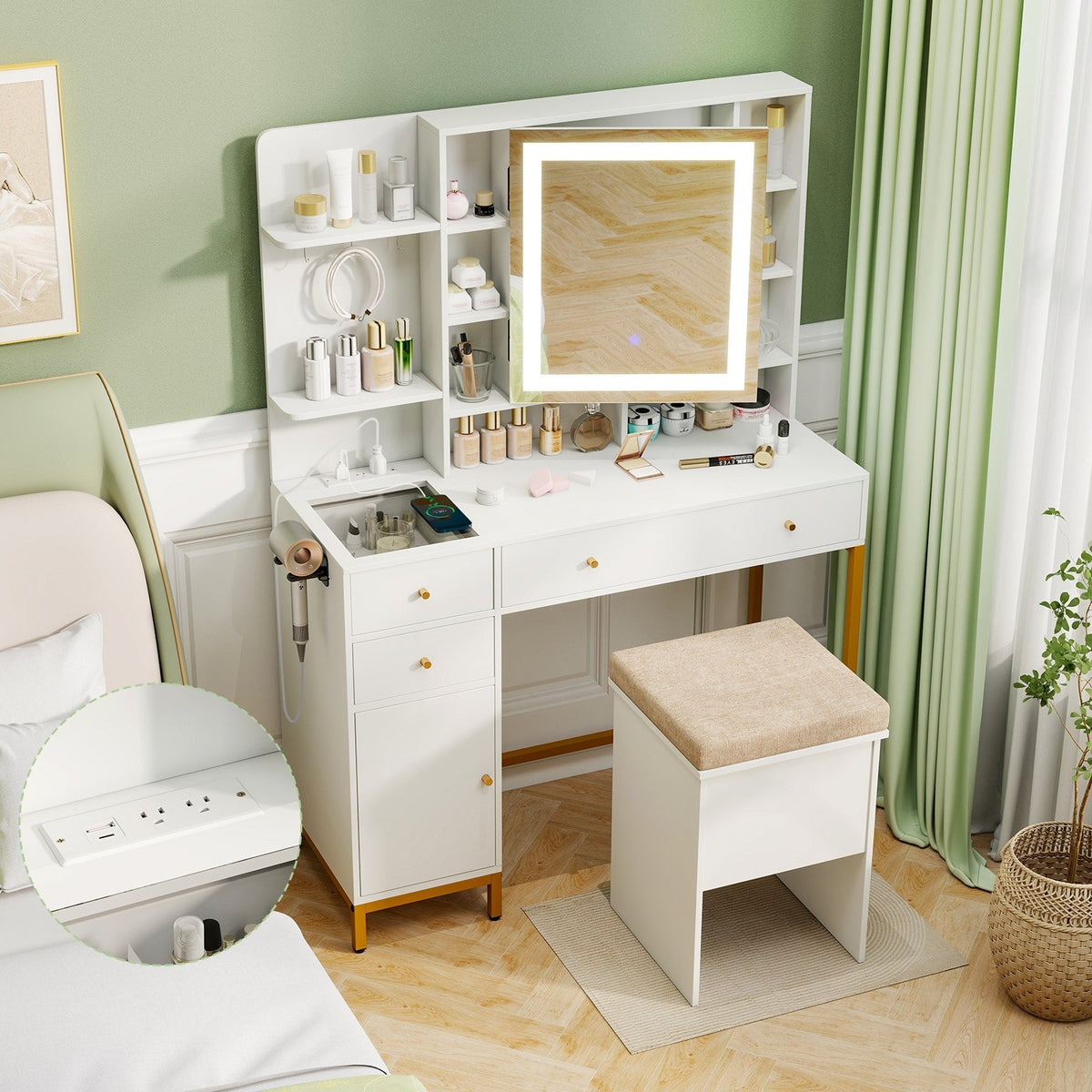 Makeup Dressing Table and Stool set with 3 Lighting Modes and Cabinet-White view 3