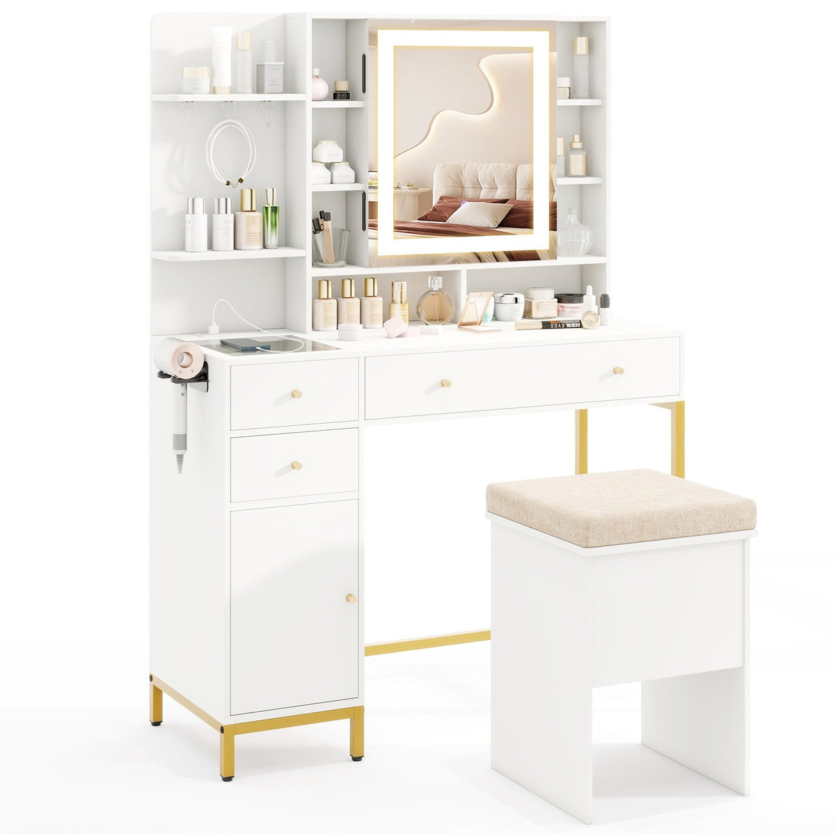 Makeup Dressing Table and Stool set with 3 Lighting Modes and Cabinet-White view 4