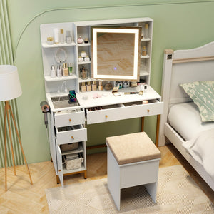 Makeup Dressing Table and Stool set with 3 Lighting Modes and Cabinet-White view 6