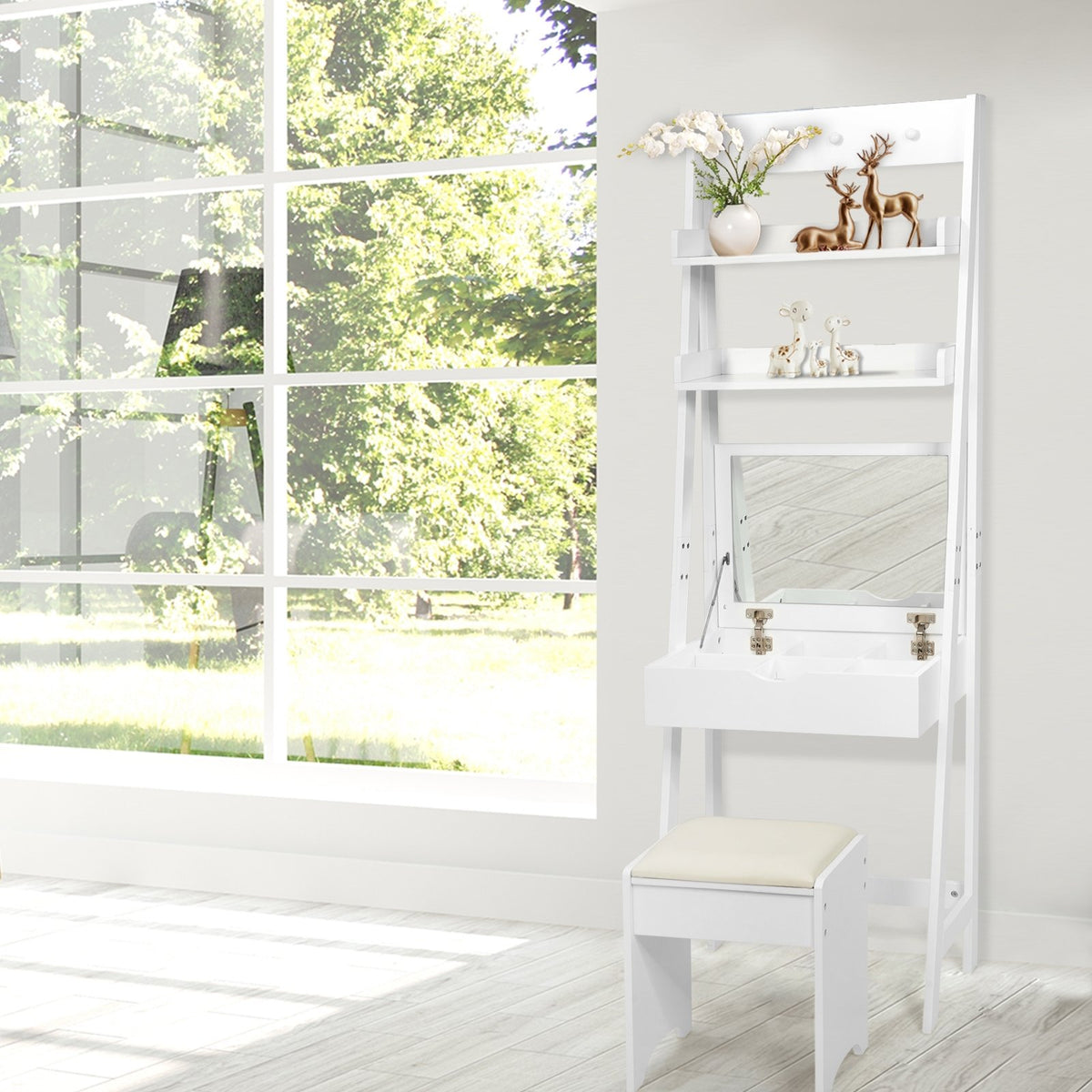 3-in-1 Modern Shelf Vanity Set with Flip Top Mirror and 6 Makeup Organizers view 7