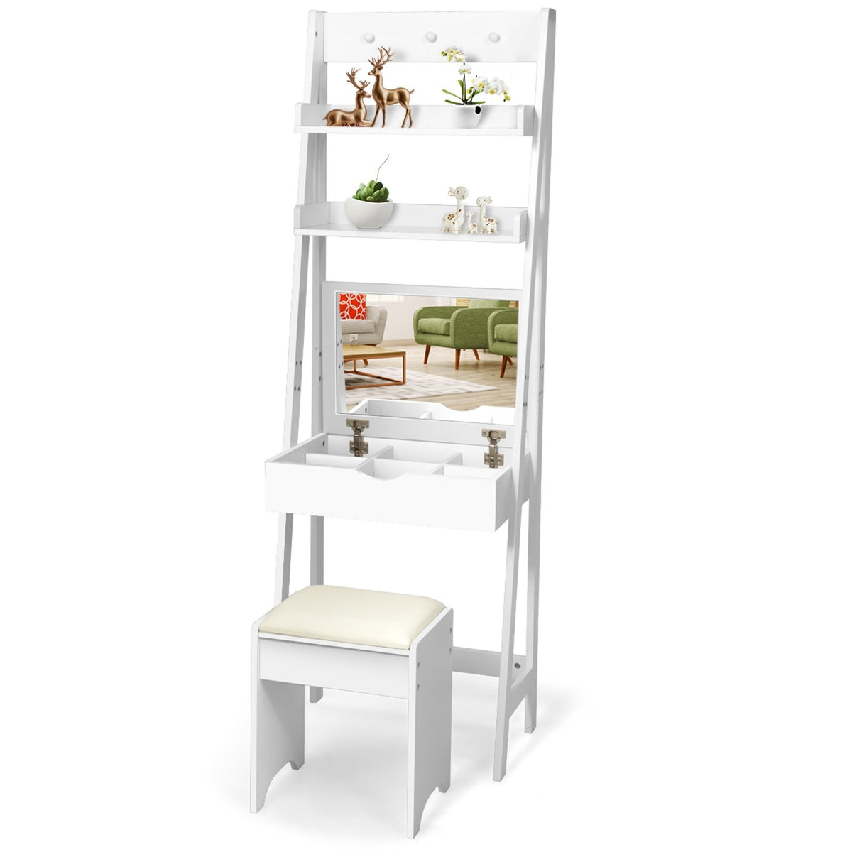 3-in-1 Modern Shelf Vanity Set with Flip Top Mirror and 6 Makeup Organizers view 8