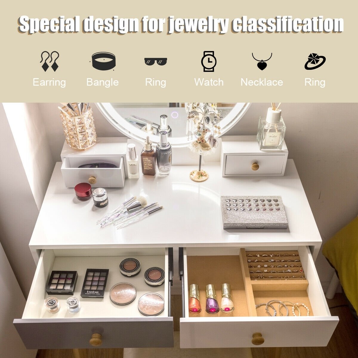 Makeup Dressing Table with 4 Drawers and Lighted Mirror-White view 3