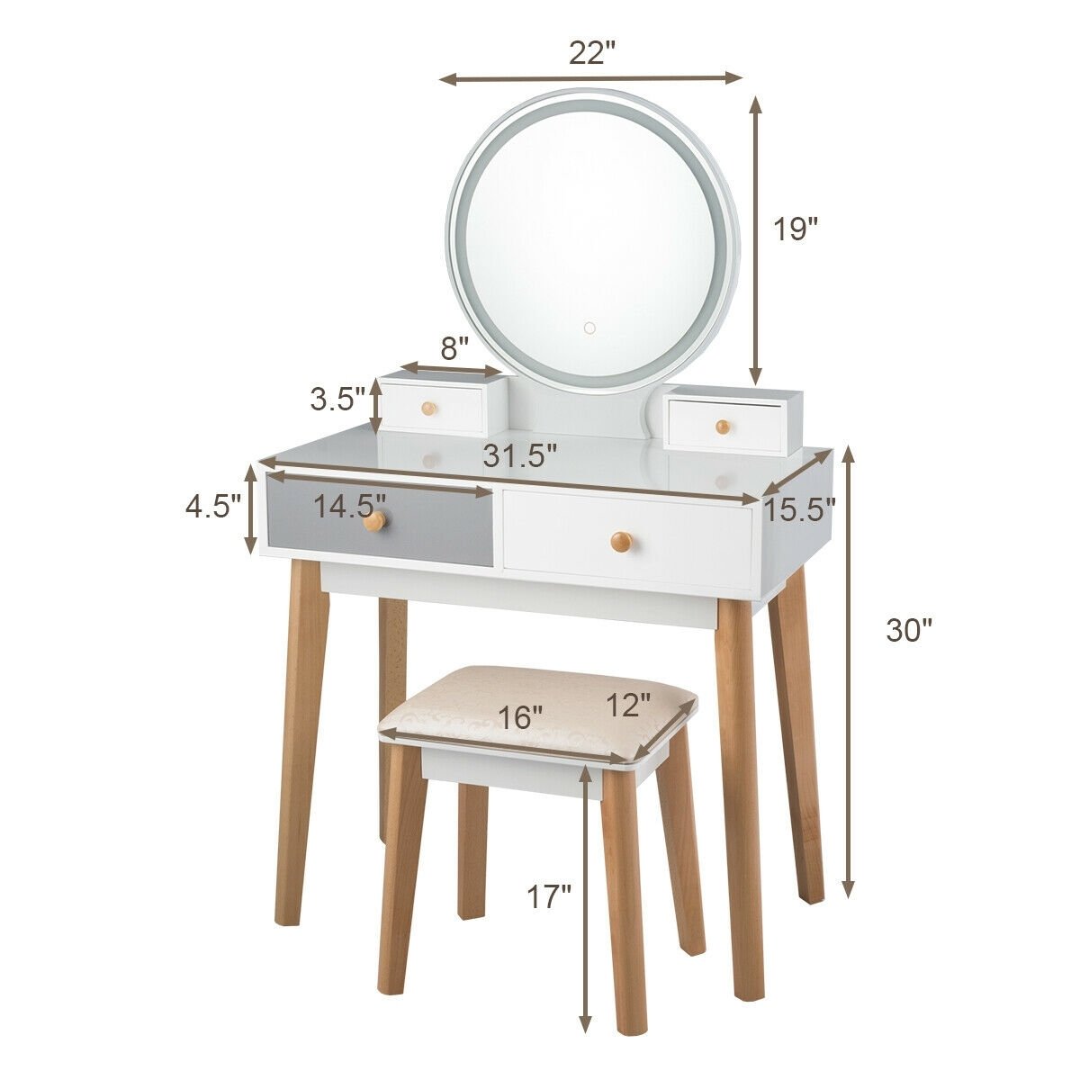 Makeup Dressing Table with 4 Drawers and Lighted Mirror-White view 4