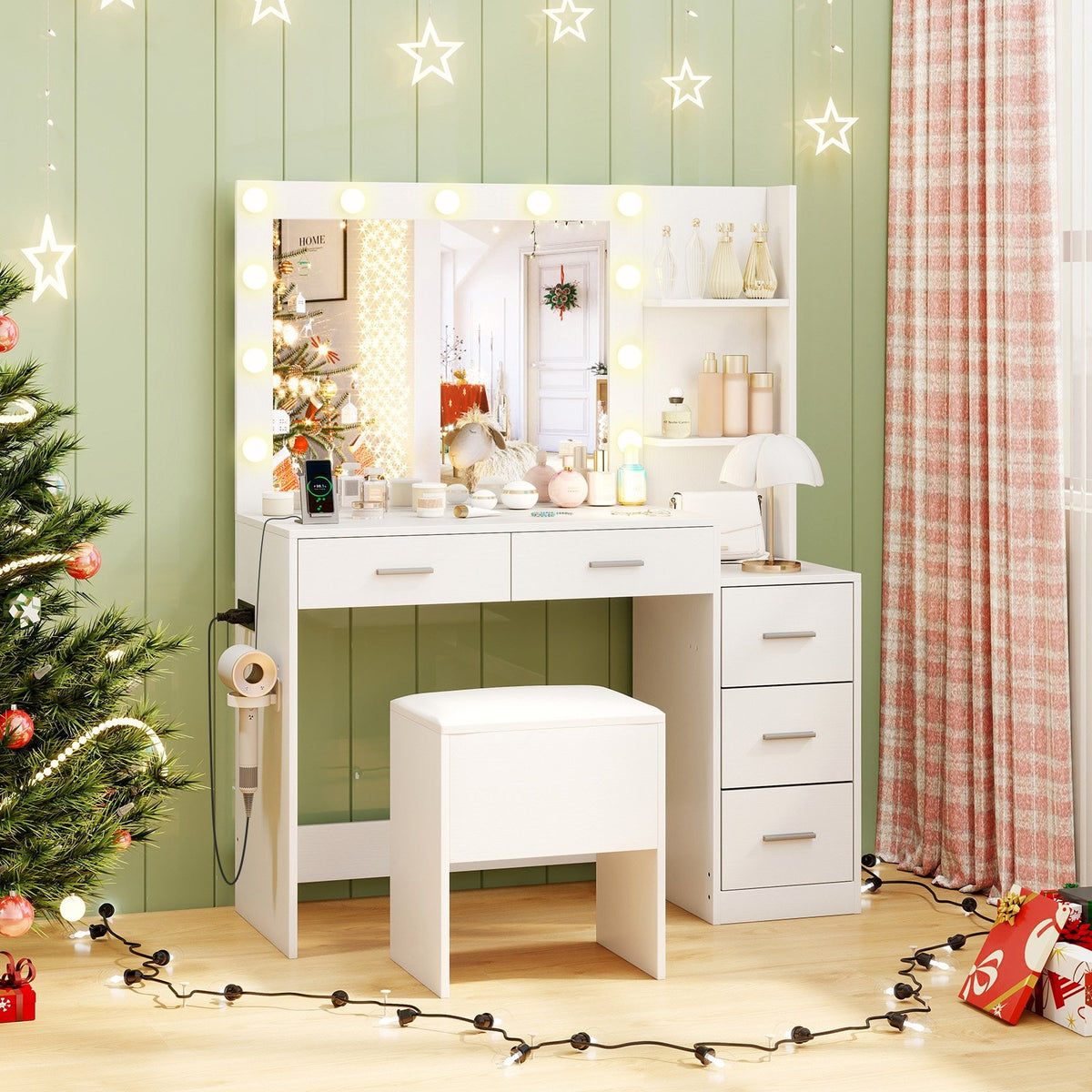 Makeup Table and Stool Set with Hair Dryer Stand-White view 3