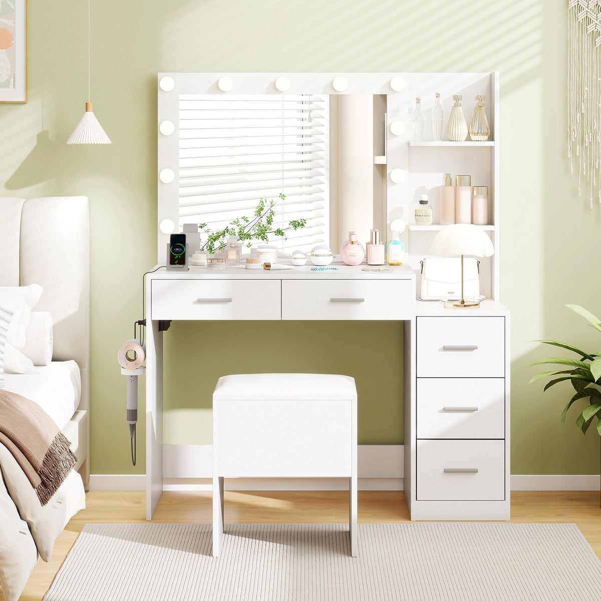 Makeup Table and Stool Set with Hair Dryer Stand-White view 5