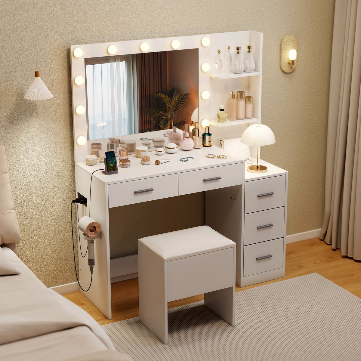 Makeup Table and Stool Set with Hair Dryer Stand-White view 6