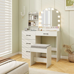 Makeup Vanity Desk Dressing Table and Stool Set with Mirror and Lights-White view 2