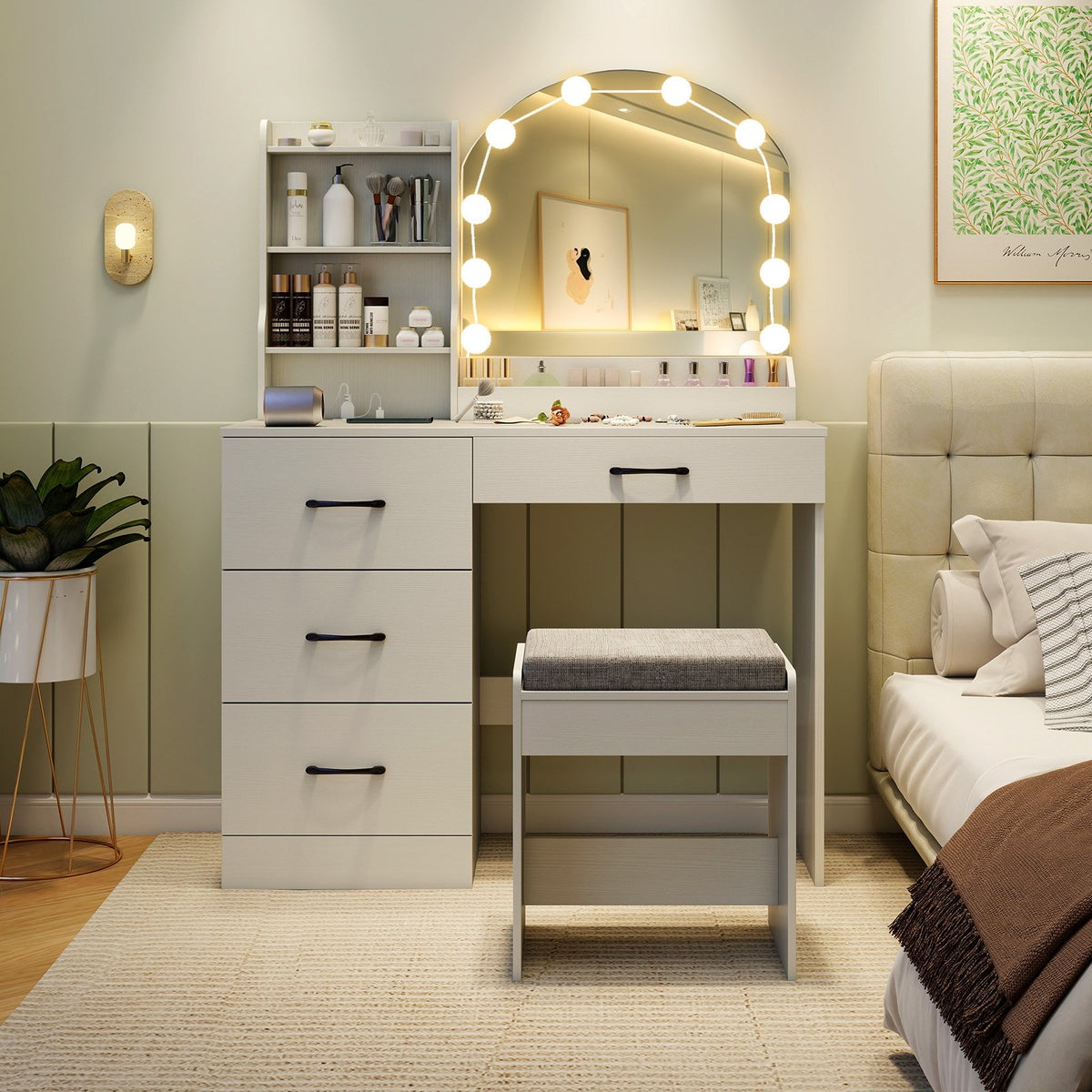 Makeup Vanity Desk Dressing Table and Stool Set with Mirror and Lights-White view 3