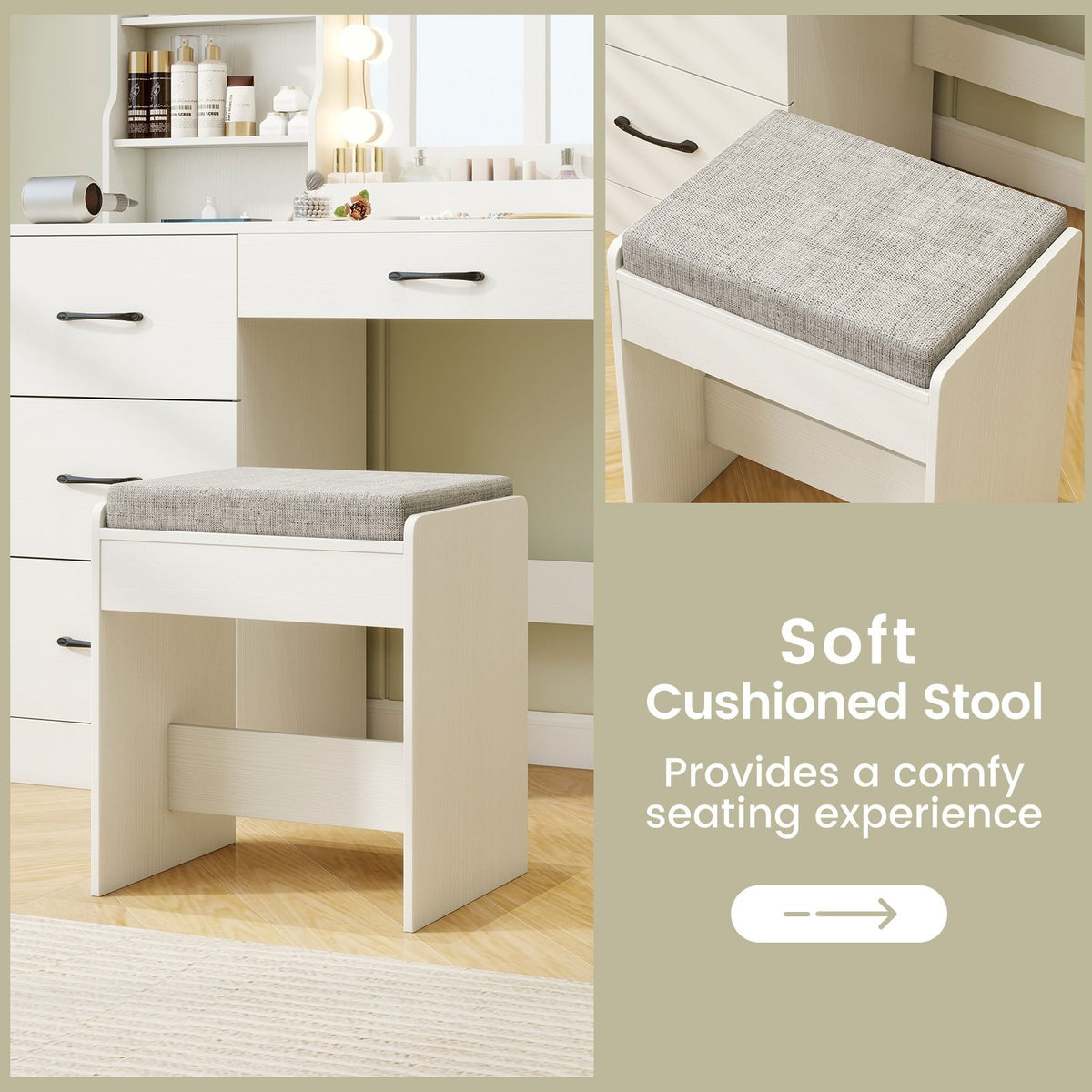 Makeup Vanity Desk Dressing Table and Stool Set with Mirror and Lights-White view 9