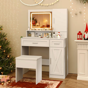 Makeup Vanity Desk with Mirror and Lights Dressing Table and Stool Set-White view 2