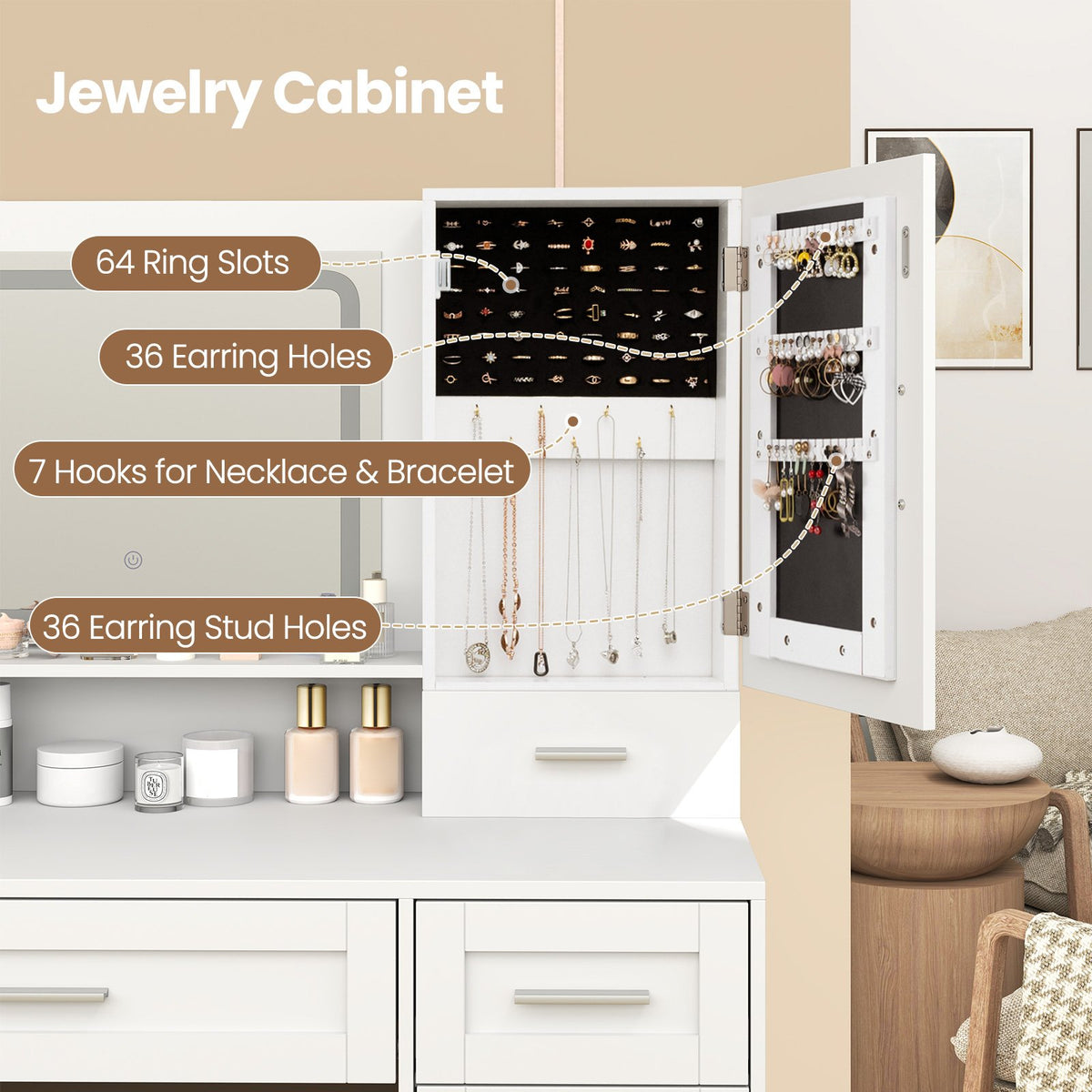 Makeup Vanity Desk with Mirror and Lights Dressing Table and Stool Set-White view 9
