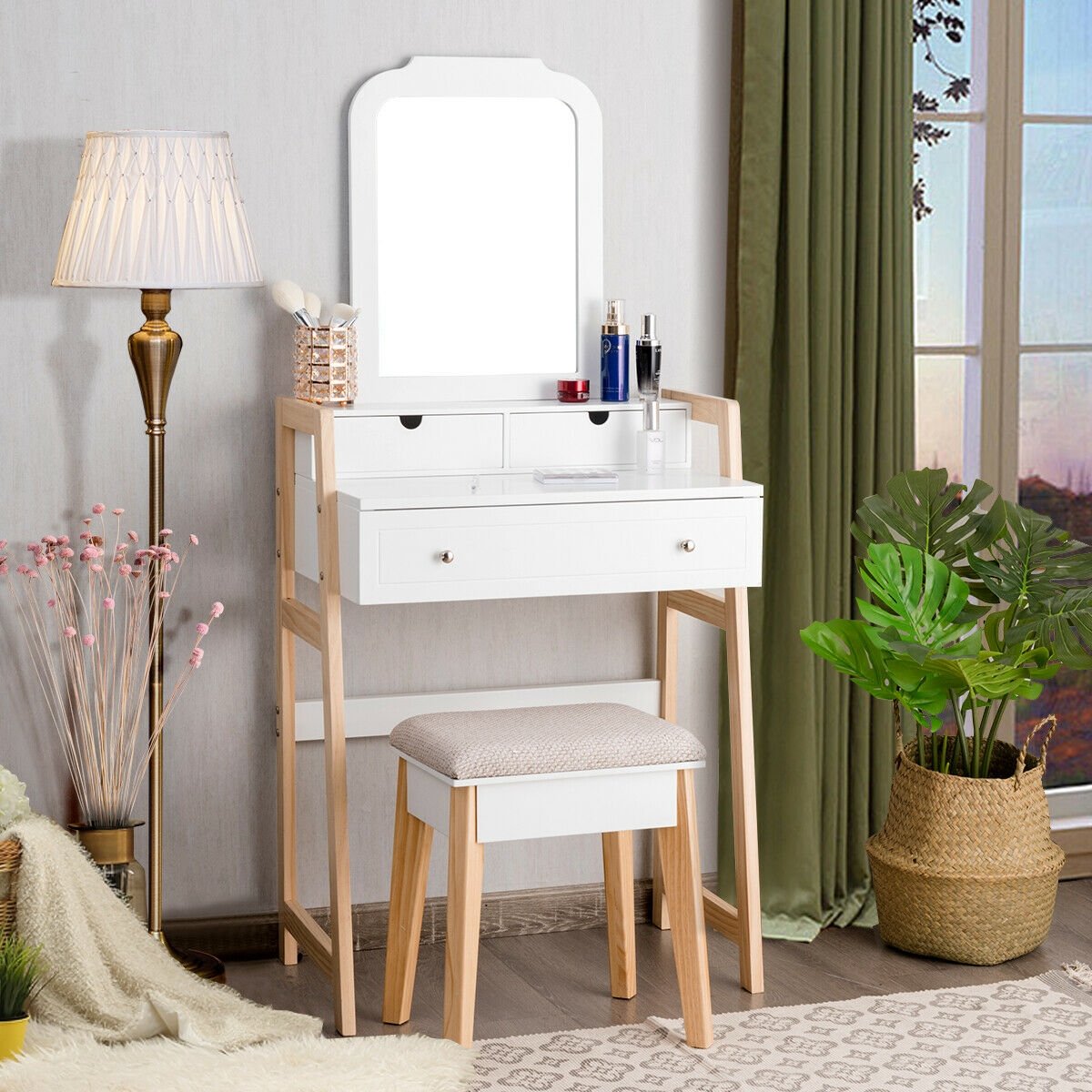 Vanity Table Set with Cushioned Stool and Large Mirror view 2