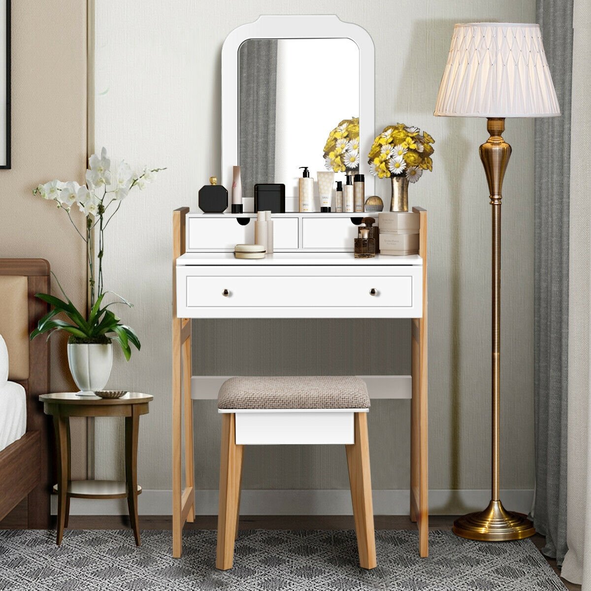 Vanity Table Set with Cushioned Stool and Large Mirror view 3