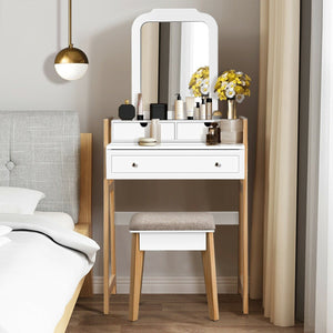 Vanity Table Set with Cushioned Stool and Large Mirror view 4