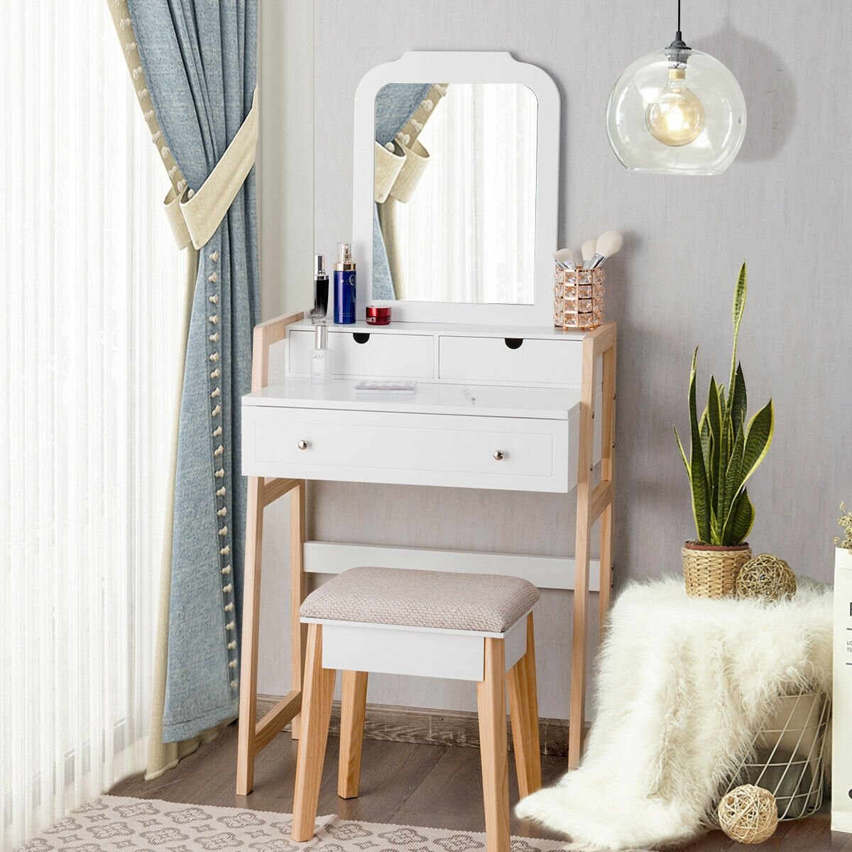 Vanity Table Set with Cushioned Stool and Large Mirror view 5