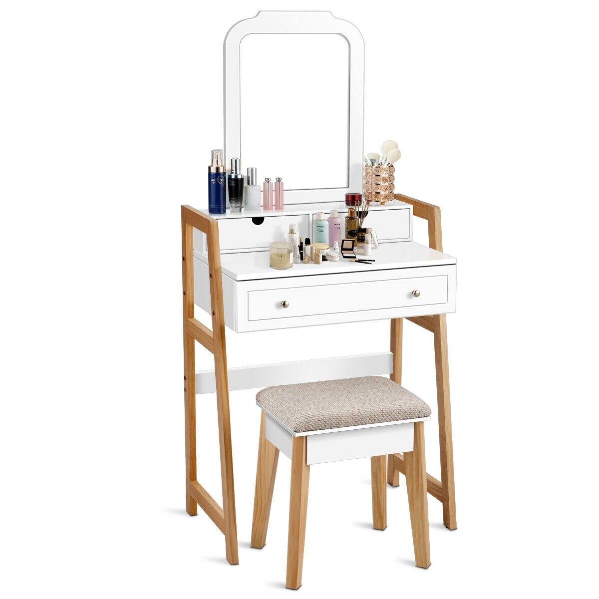 Vanity Table Set with Cushioned Stool and Large Mirror view 6