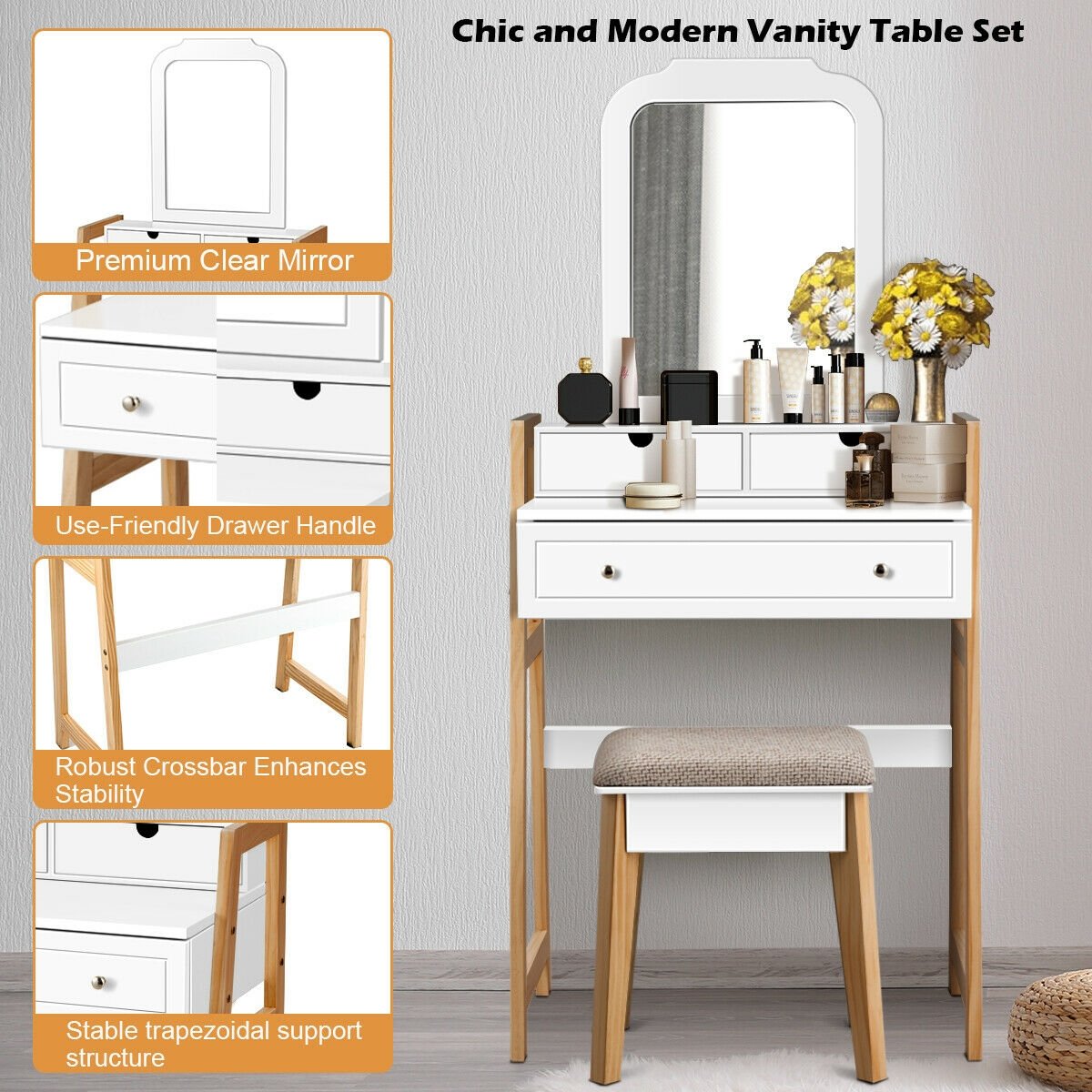 Vanity Table Set with Cushioned Stool and Large Mirror view 8