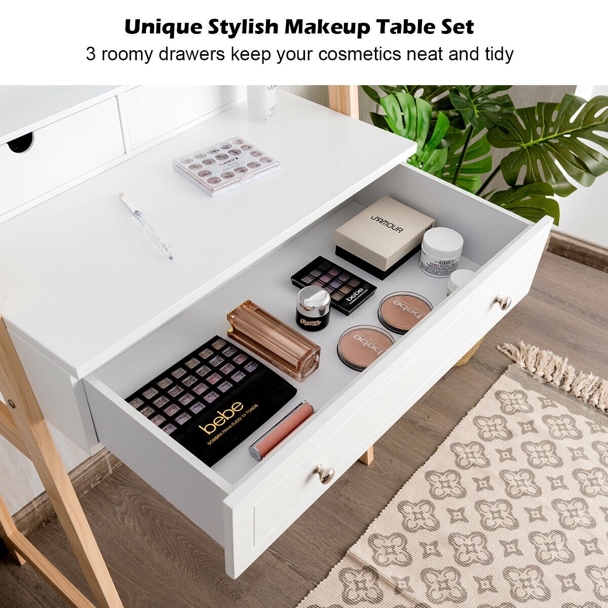 Vanity Table Set with Cushioned Stool and Large Mirror view 9
