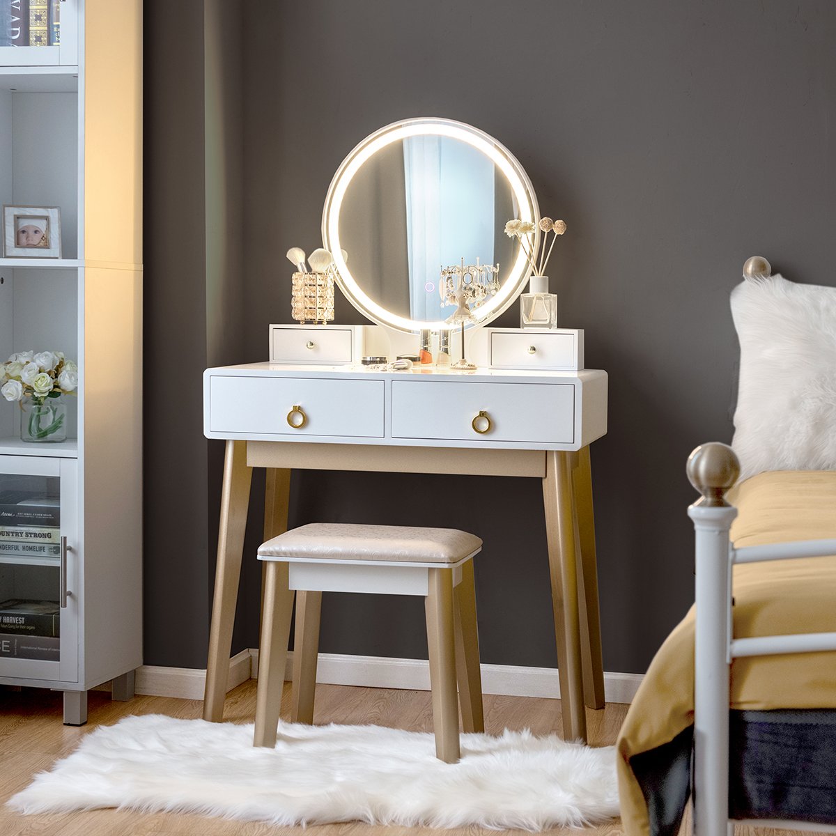 Set 3 Makeup Vanity Table Color Lighting Jewelry Divider Dressing Table-White view 2