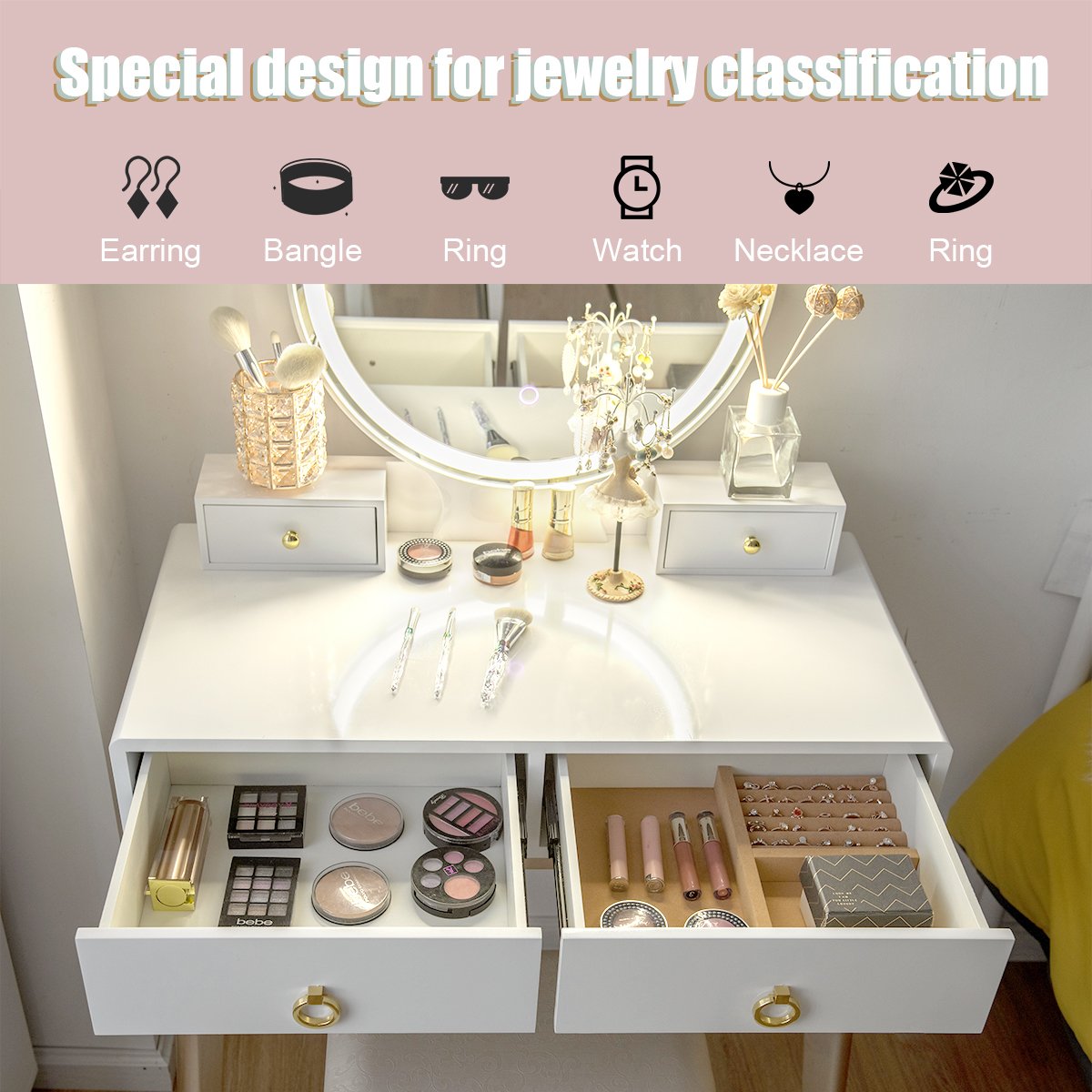 Set 3 Makeup Vanity Table Color Lighting Jewelry Divider Dressing Table-White view 6