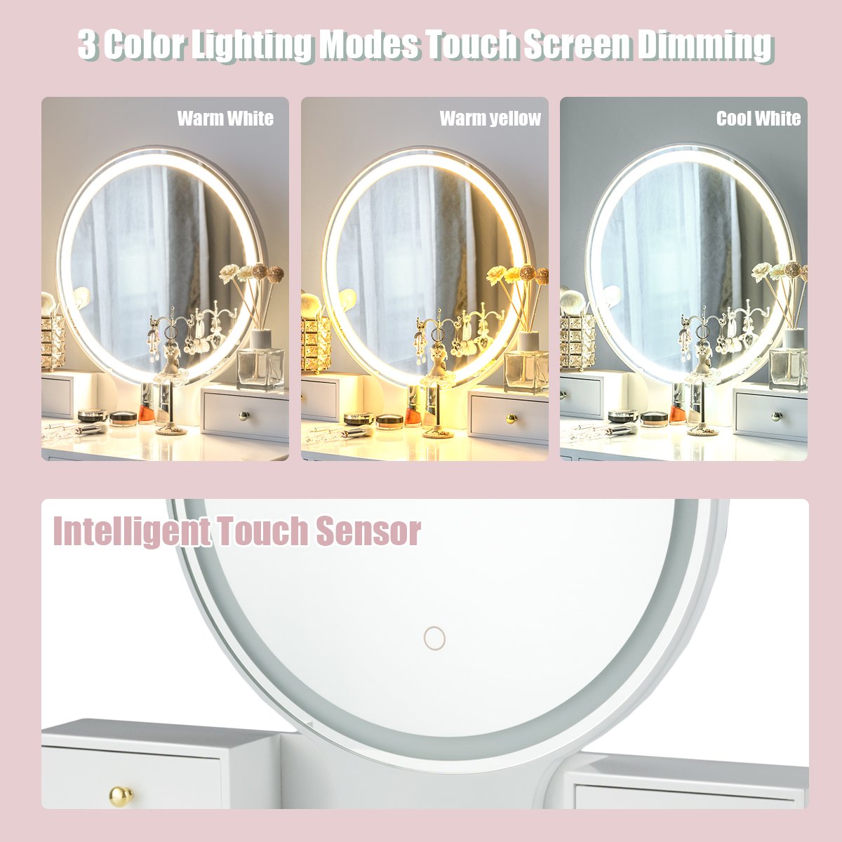 Set 3 Makeup Vanity Table Color Lighting Jewelry Divider Dressing Table-White view 7