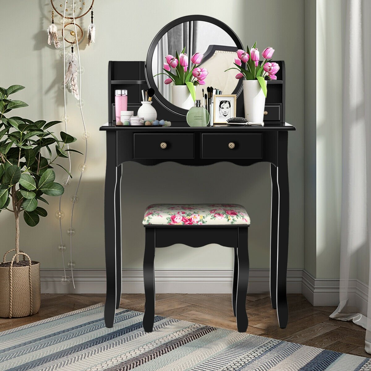 Makeup Vanity Table Set Girls Dressing Table with Drawers Oval Mirror-Black view 2