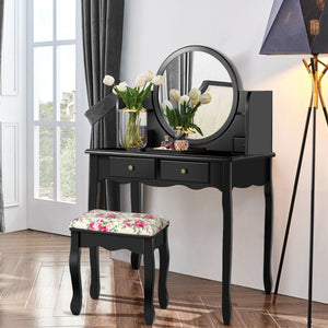 Makeup Vanity Table Set Girls Dressing Table with Drawers Oval Mirror-Black view 3